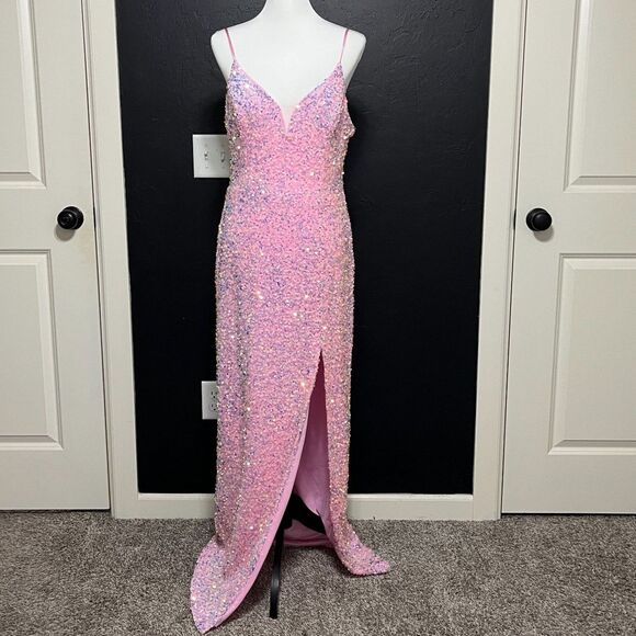 B. Smart Pink Iridescent Sequin Floor Length Dress Size 13 - Picture 2 of 15